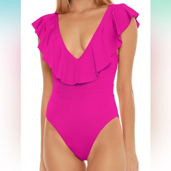 UEC TRINA TURK HOT PINK BRIGHT Monaco Ruffle One Piece Swimsuit SZ 8 - Picture 1 of 6